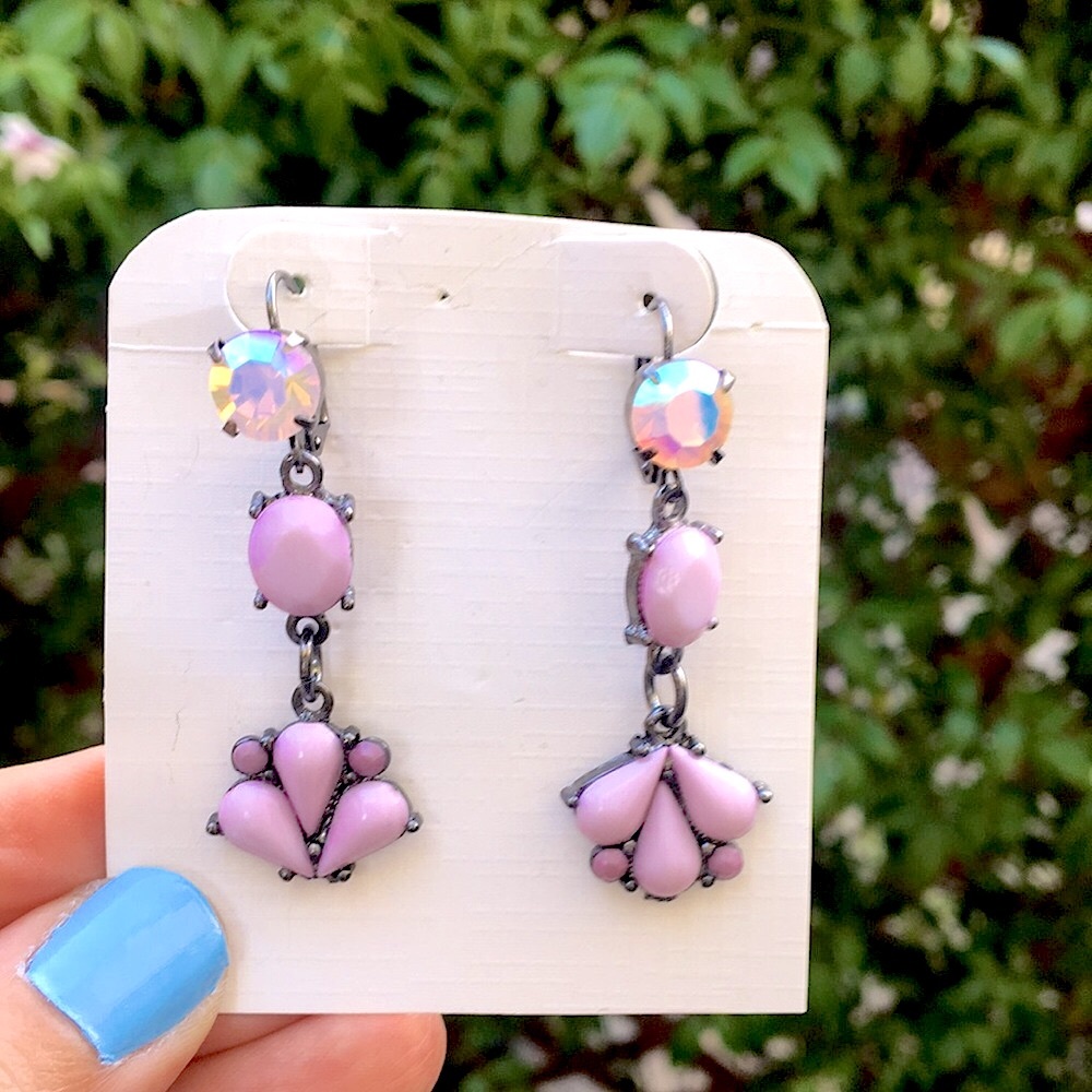 Lavender + Pink Opal Aurora Borealis Crystal Drop Statement Earrings - Picture 10 of 17